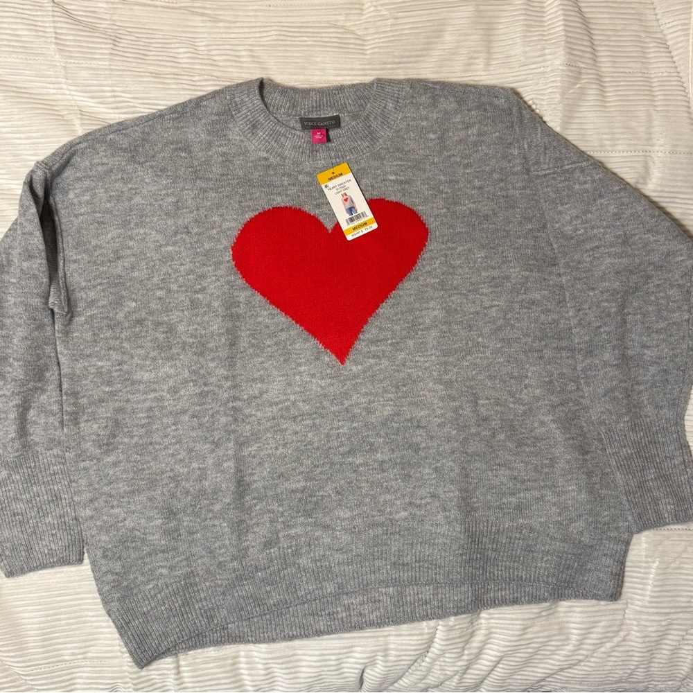Vince Camuto Gray and Red Crewneck Sweater with Heart